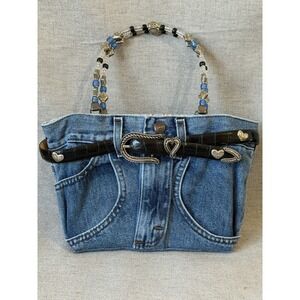 Y2K Lee Jeans Booty Bag Hand Made Blue Purse w/ Beaded Double Handle 11.5"x7.5"